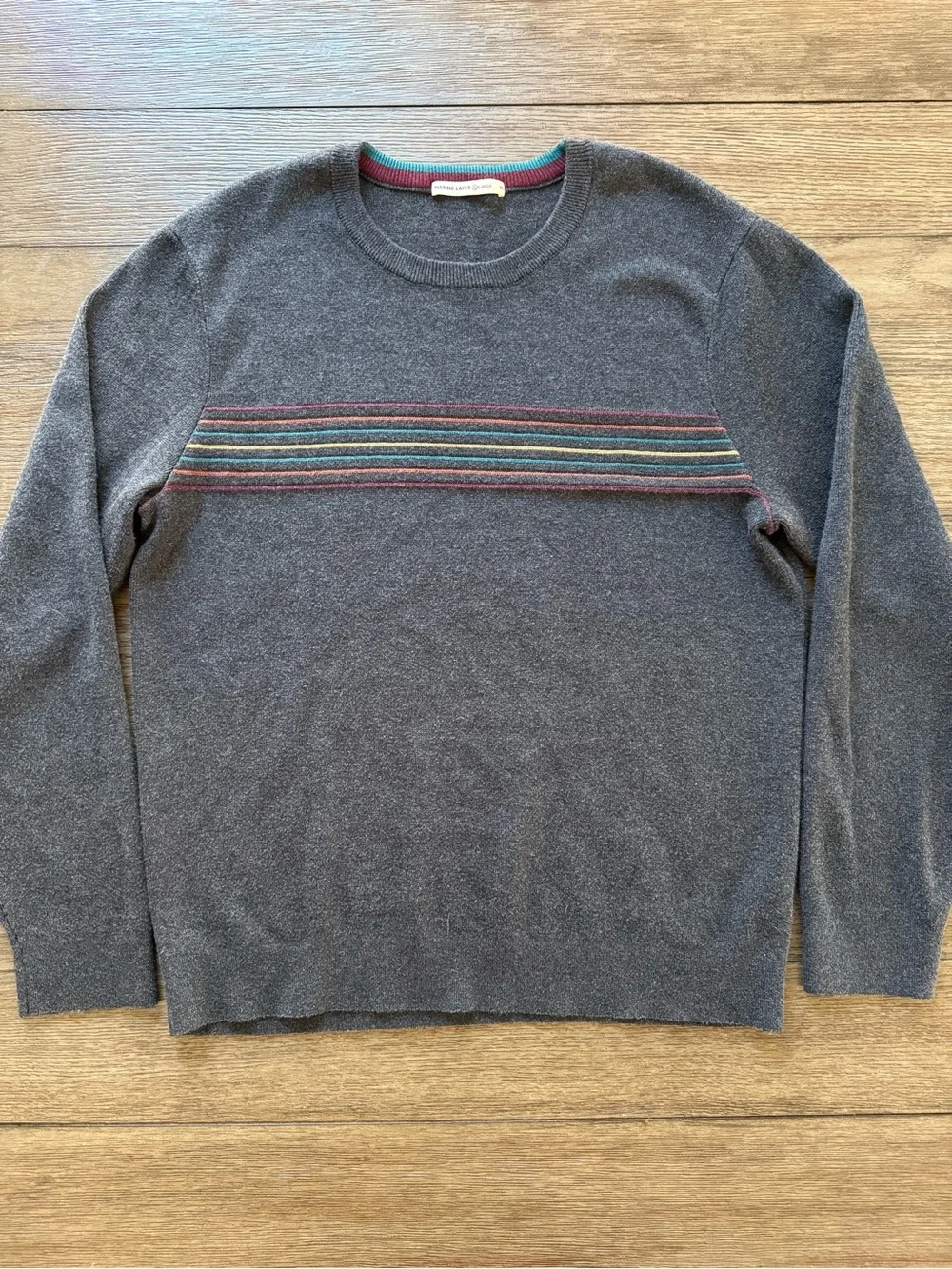 Marine Layer - Men's Gray Crewneck Sweater with Multicolor Stripe